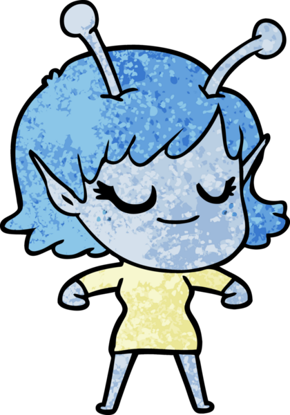 Bir insan tarafından çizilmiş gülümseyen uzaylı kız çizgi filmi.