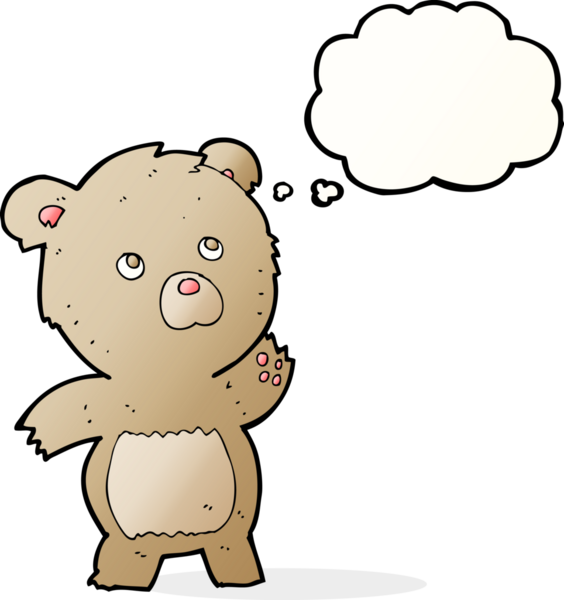 Bir insan tarafından çizilmiş düşünce baloncuklu meraklı oyuncak ayı.