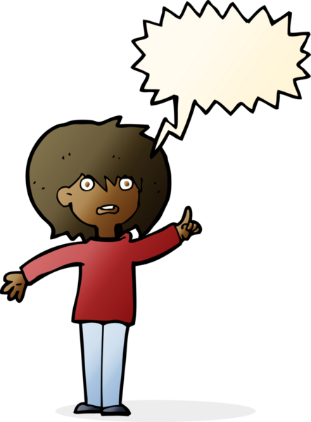 Bir insan tarafından çizilmiş konuşma balonuyla soru soran karikatür kadını.