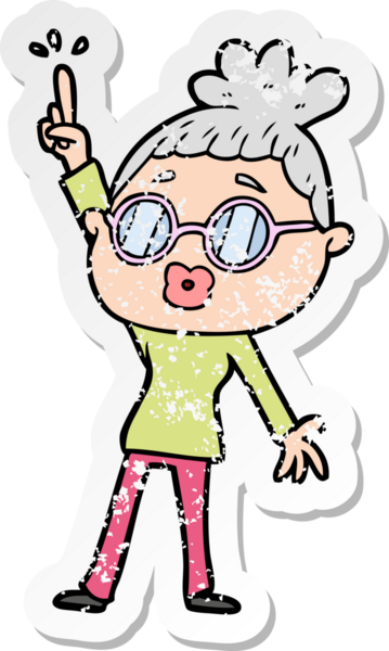 Bir insan tarafından çizilmiş gözlüklü, dans eden bir karikatür kadının sıkıntılı çıkartması.