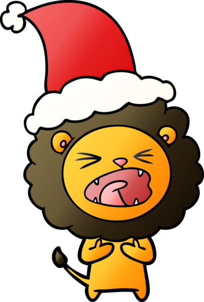 Bir insan tarafından çizilmiş Noel Baba şapkası giymiş bir aslanın el çizimi karikatürü.