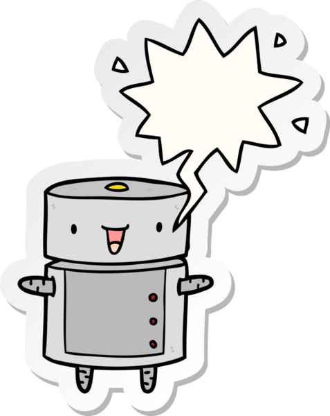 Bir insan tarafından çizilmiş konuşma kabarcığı çıkartmalı sevimli çizgi film robotu.