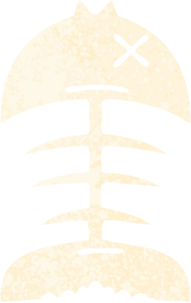 Retro illüstrasyon tarzı tuhaf çizgi film. Bir insan tarafından çizilmiş ölü balık kemiği.