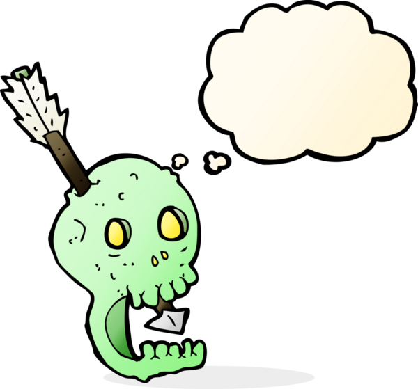 Bir insan tarafından çizilmiş düşünce baloncuklu komik kafatası ve ok.