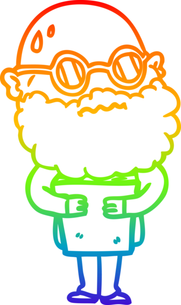 Bir insan tarafından çizilmiş sakallı ve gözlüklü endişeli bir çizgi film çizimi.