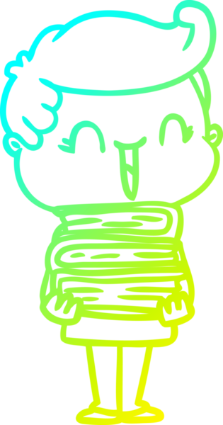 Bir insan tarafından çizilmiş kitapları taşıyan gülen bir çizgi film karakteri çiziyor.