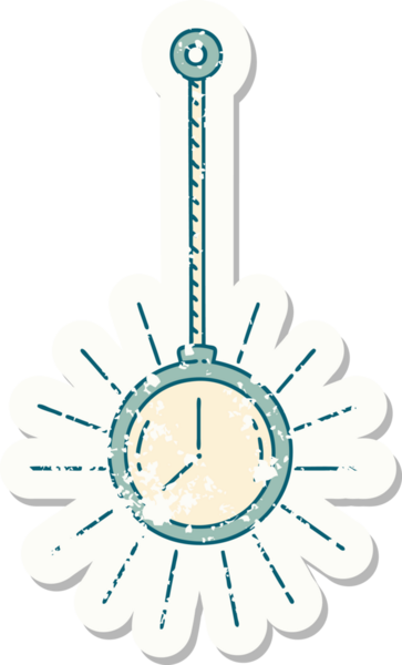 Bir insan tarafından çizilmiş eski bir dövme stili altın cep saati çıkartması.