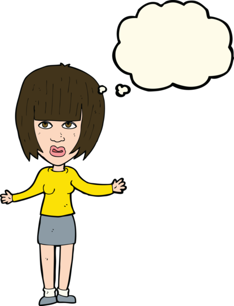 Bir insan tarafından çizilmiş düşünce baloncuğuyla omuz silken çizgi film kadını.