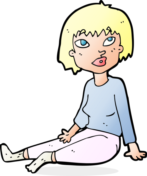 Çizgi filmdeki kadın bir insan tarafından çizilmiş yerde oturuyor.