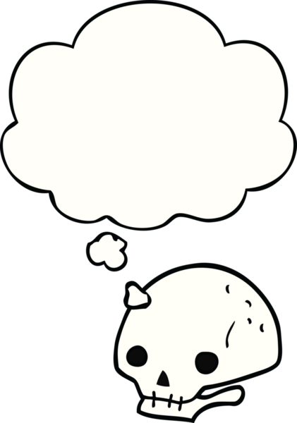 Bir insan tarafından çizilmiş düşünce baloncuklu garip kafatası.