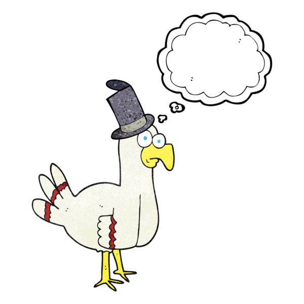El yazısıyla çizilmiş düşünce balonu desenli çizgi film kuşu insan tarafından çizilmiş silindir şapka giyiyor.