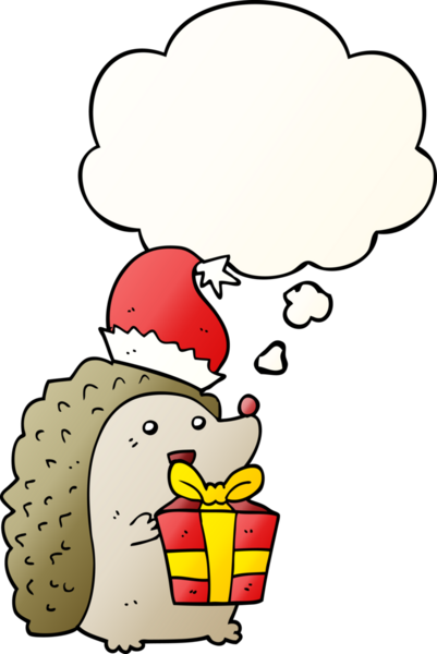 Düşünce baloncuklu noel şapkası takan kirpi çizgi filmi bir insan tarafından çizilmiştir.