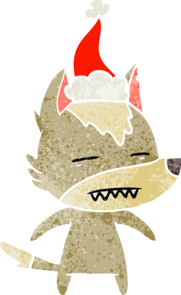 Bir insanın çizdiği Noel Baba şapkasını takan bir kurdun el çizimi karikatürü.