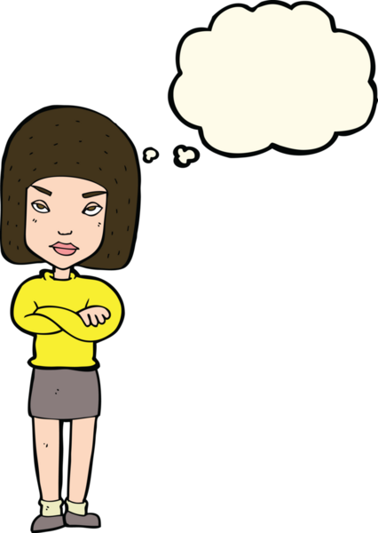 Bir insan tarafından çizilmiş düşünce balonlu çapraz kollu çizgi film kadını.