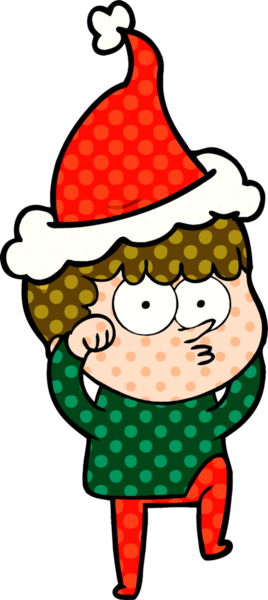 Bir insan tarafından çizilmiş Noel Baba şapkası takan meraklı bir çocuğun el çizimi çizgi roman tasviri.