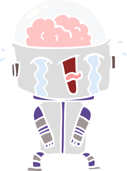 Bir insan tarafından çizilmiş düz renkli karikatür ağlayan robot.