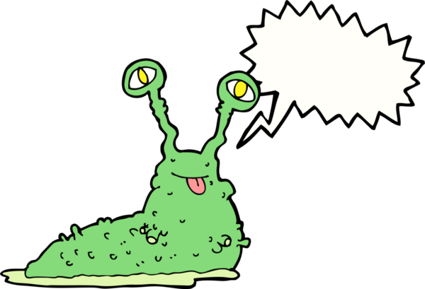 Bir insan tarafından çizilmiş konuşma balonlu iğrenç bir çizgi film sümüklüböceği.