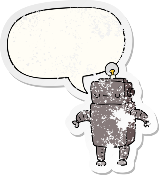 Konuşma baloncuğu olan karikatür robotu bir insan tarafından çizilmiş sıkıntılı eski bir çıkartma