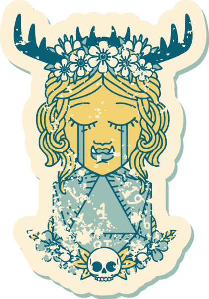 Retro Dövme Tarzı Hüzünlü Yarı Ork Druid Karakteri Bir zar bir insan tarafından çizilmiş