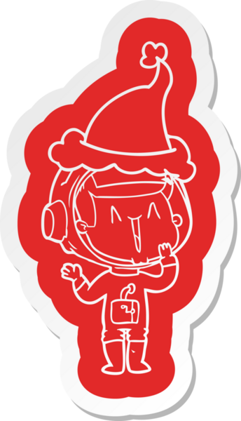 Bir insan tarafından çizilmiş Noel Baba şapkası giyen bir astronotun komik karikatür çıkartması.