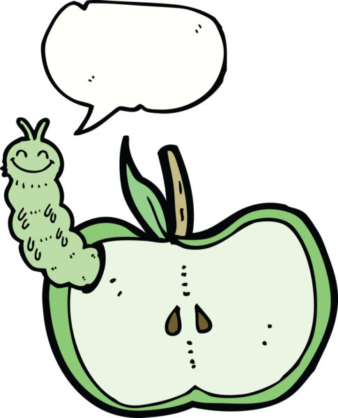 bir insan tarafından çizilmiş konuşma balonlu bir böcek ile çizgi film elması