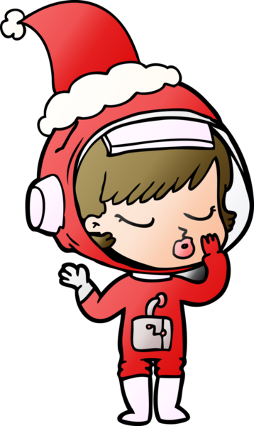 Bir insan tarafından çizilmiş Noel Baba şapkası giyen güzel bir astronot kızın el çizimi karikatürü.