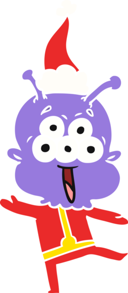 Bir insan tarafından çizilmiş Noel Baba şapkasıyla dans eden bir uzaylının çizilmiş mutlu el çizimi.