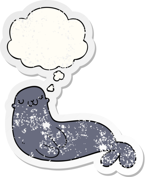 Düşünce baloncuklu şirin karikatür mührü bir insan tarafından çizilmiş yıpranmış bir çıkartma gibi.