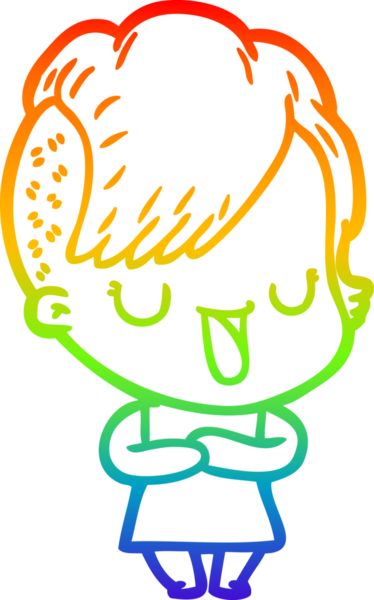 Gökkuşağı gradyan çizimi. Hipster saç kesimi bir insan tarafından çizilmiş şirin bir çizgi film kızı.