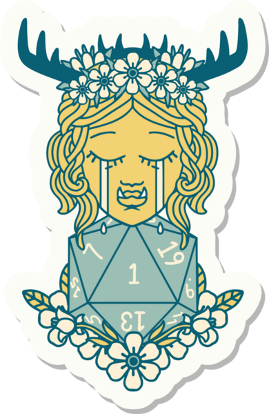 Hüzünlü yarı ork bir Druid karakterinin çıkartması. Bir insan tarafından çizilmiş doğal bir zar.