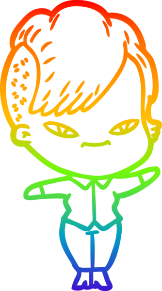 Gökkuşağı gradyan çizimi. Hipster saç kesimi bir insan tarafından çizilmiş şirin bir çizgi film kızı.