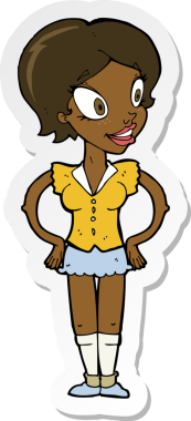 Bir insan tarafından çizilmiş kısa etekli mutlu bir kadının çıkartması.