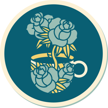 Geleneksel bir kupa stili dövme çıkartması ve bir insan tarafından çizilmiş çiçekler.