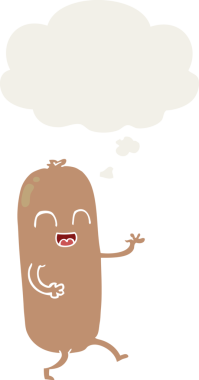 Düşünce baloncuklu çizgi film sosisi insan tarafından çizilmiş.