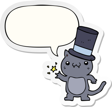 Bir insan tarafından çizilmiş konuşma kabarcığı çıkartmalı silindir şapka takan çizgi film kedisi.