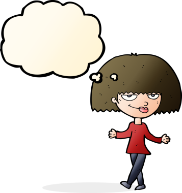 Bir insan tarafından çizilmiş düşünce baloncuğu olan kendini beğenmiş bir kadın.