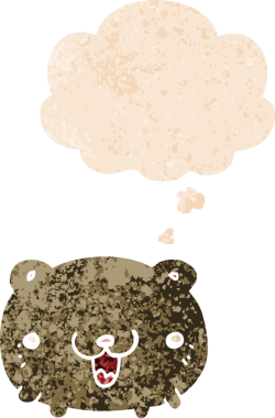 Düşünce baloncuğu olan komik çizgi film ayısı grunge sıkıntılı retro desenli bir insan tarafından çizilmiş