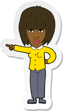 Bir insan tarafından çizilmiş kızgın bir kadını işaret eden bir karikatür çıkartması.