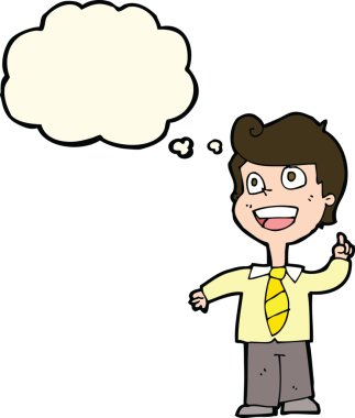 Bir insan tarafından çizilmiş düşünce baloncuğuyla el kaldıran okul çocuğu.