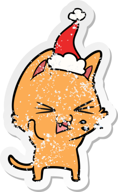 Bir insan tarafından çizilmiş Noel Baba şapkası takan kedinin kederli çıkartması.