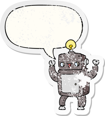 çizgi film mutlu robot konuşma baloncuğu sıkıntılı eski çıkartma bir insan tarafından çizilmiş