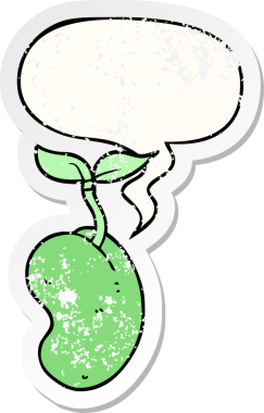 Konuşma baloncuğu ile filizlenen çizgi film tohumu bir insan tarafından çizilmiş sıkıntılı eski bir çıkartma