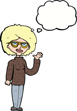 Bir insan tarafından çizilmiş düşünce baloncuğuyla el sallayan çizgi film kadını.