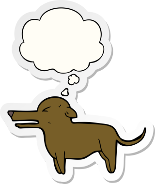 İnsan tarafından çizilmiş bir çıkartma olarak düşünce baloncuğu olan çizgi film köpeği.