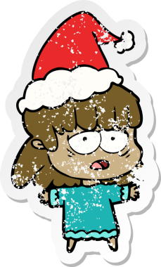 Bir insan tarafından çizilmiş Noel Baba şapkası giymiş yorgun bir kadının el çizimi karikatürü.