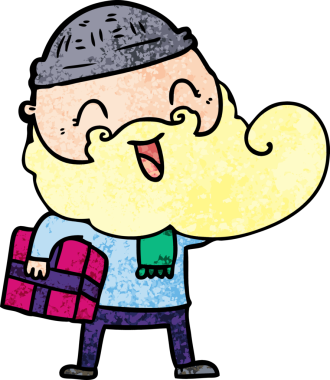 Mutlu sakallı adam bir insan tarafından çizilmiş noel hediyesini tutuyor.