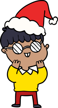 Bir insan tarafından çizilmiş Noel Baba şapkası takan gözlüklü bir çocuğun el çizimi.