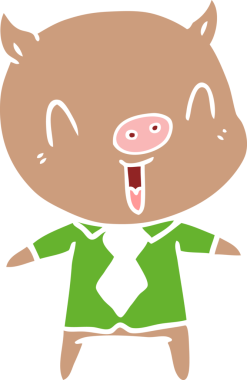 Bir insan tarafından çizilmiş gömlek ve kravat giyen mutlu düz renkli çizgi film domuzu.