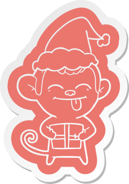 Noel hediyesi olan bir maymunun insan tarafından çizilmiş Noel Baba şapkasıyla komik bir karikatür çıkartması.