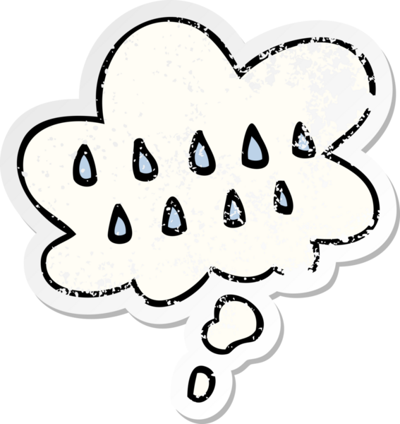 Düşünce baloncuklu karikatür yağmuru bir insan tarafından çizilmiş yıpranmış bir çıkartma.